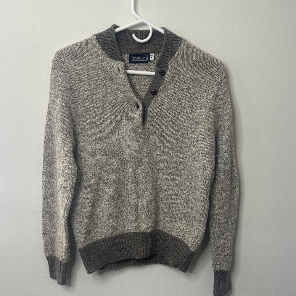 Lands' End Women's Heathered Gray V-Neck Sweater with Dark Gray Trim